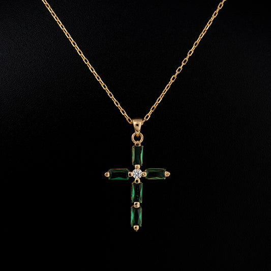 Emerald Single Diamond Rectangular Cut Cross Necklace in 14K Solid Gold, May Birthstone Pendant Queen Jewelry Necklace
