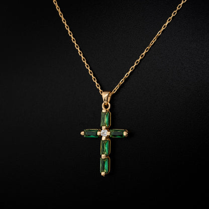 Emerald Single Diamond Rectangular Cut Cross Necklace in 14K Solid Gold, May Birthstone Pendant Queen Jewelry Necklace