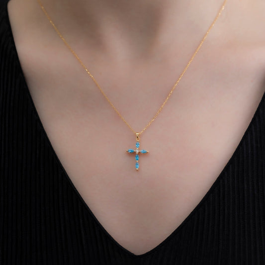 Blue Topaz Single Diamond Marquise Cross Necklace in 14K Solid Gold, December Birthstone Pendant Queen Jewelry Necklace