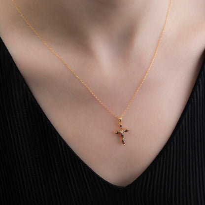Smoky Quartz Single Diamond Marquise Cross Necklace in 14K Solid Gold, Birthstone Pendant Queen Jewelry Necklace
