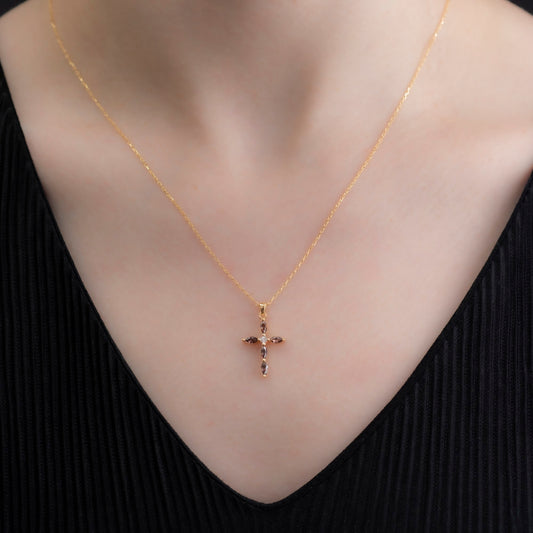 Smoky Quartz Single Diamond Marquise Cross Necklace in 14K Solid Gold, Birthstone Pendant Queen Jewelry Necklace