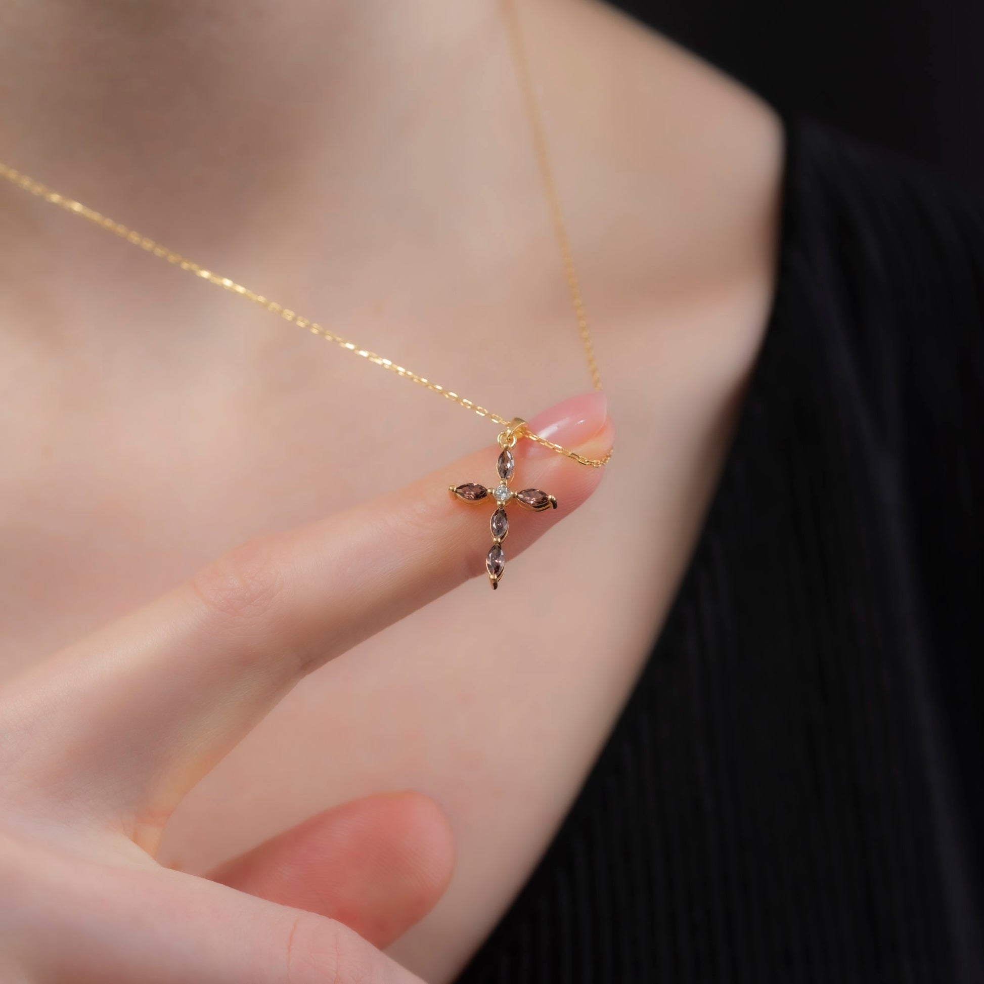 Smoky Quartz Single Diamond Marquise Cross Necklace in 14K Solid Gold, Birthstone Pendant Queen Jewelry Necklace