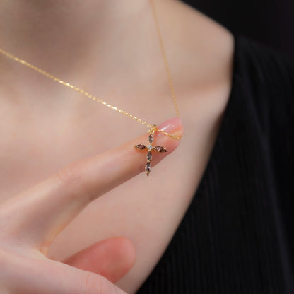Smoky Quartz Single Diamond Marquise Cross Necklace in 14K Solid Gold, Birthstone Pendant Queen Jewelry Necklace