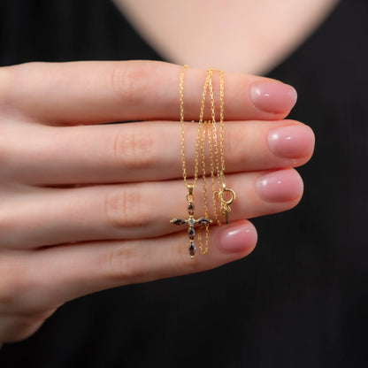 Smoky Quartz Single Diamond Marquise Cross Necklace in 14K Solid Gold, Birthstone Pendant Queen Jewelry Necklace