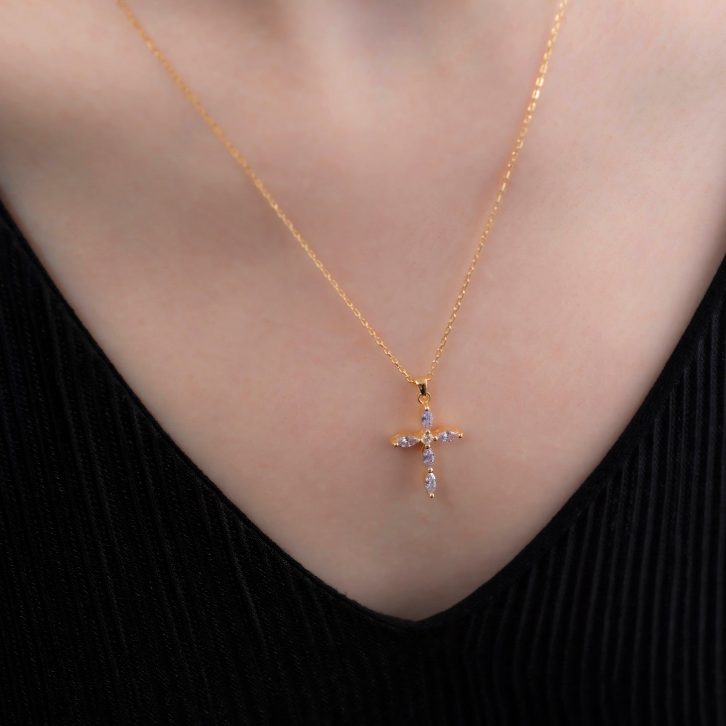 Alexandrite Single Diamond Marquise Cross Necklace in 14K Solid Gold, June Birthstone Pendant Queen Jewelry Necklace