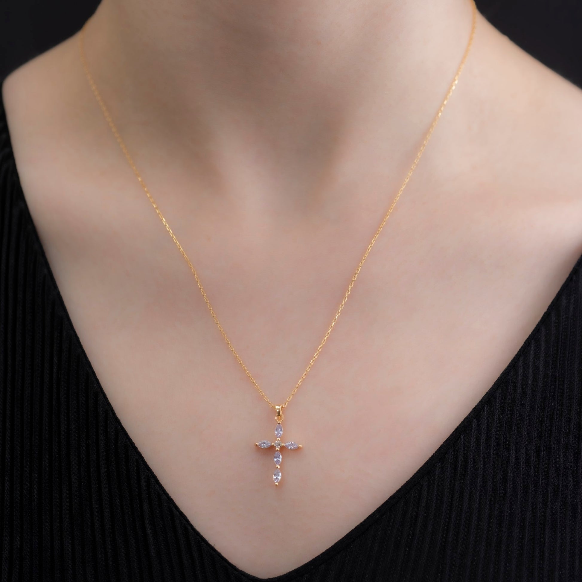 Alexandrite Single Diamond Marquise Cross Necklace in 14K Solid Gold, June Birthstone Pendant Queen Jewelry Necklace