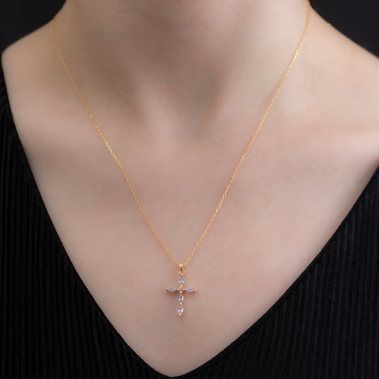 Alexandrite Single Diamond Marquise Cross Necklace in 14K Solid Gold, June Birthstone Pendant Queen Jewelry Necklace