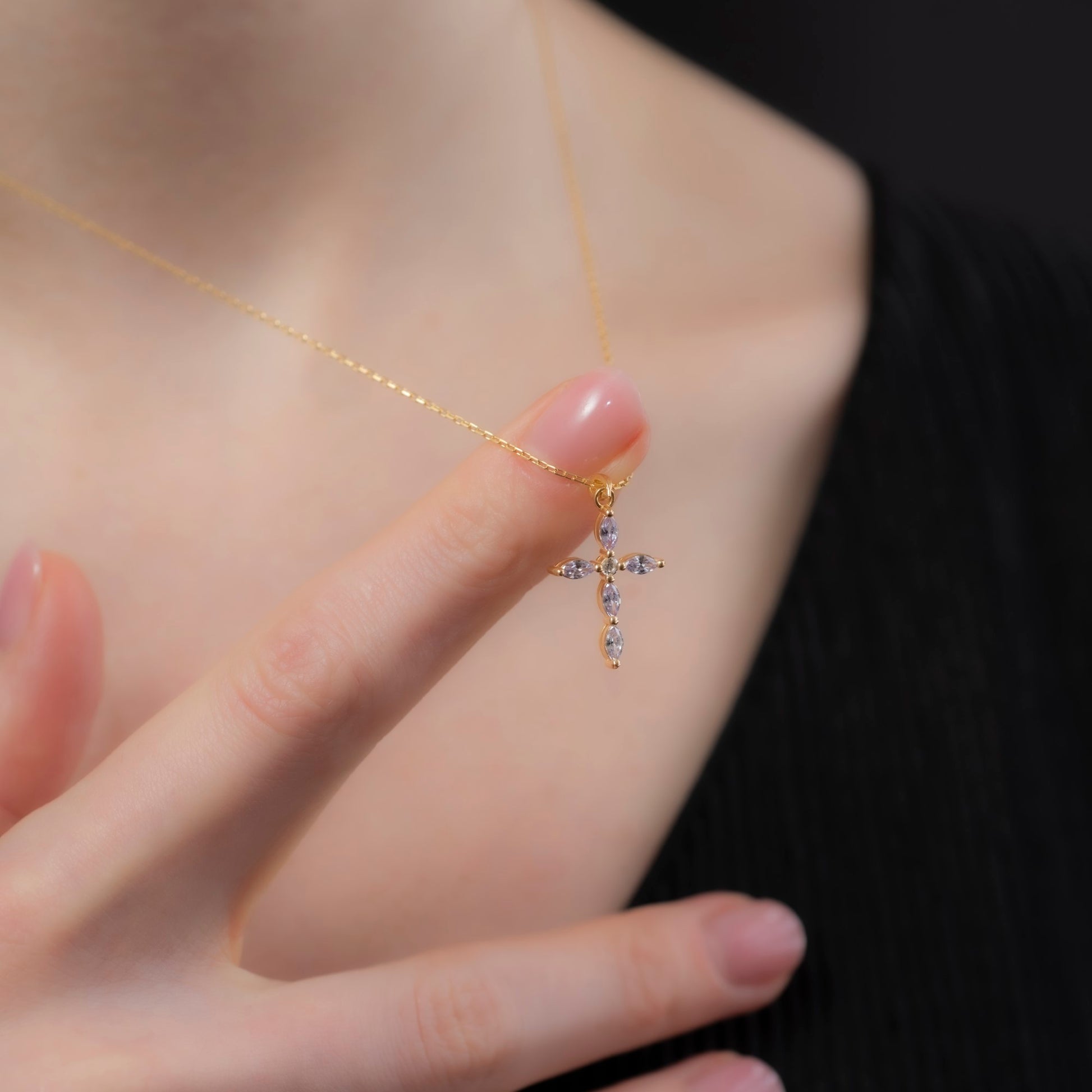 Alexandrite Single Diamond Marquise Cross Necklace in 14K Solid Gold, June Birthstone Pendant Queen Jewelry Necklace