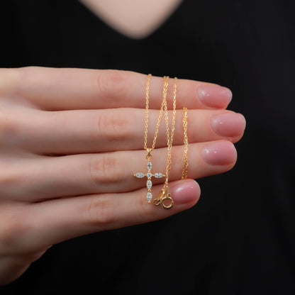 White Topaz Single Diamond Marquise Cross Necklace in 14K Solid Gold, April Birthstone Pendant Queen Jewelry Necklace