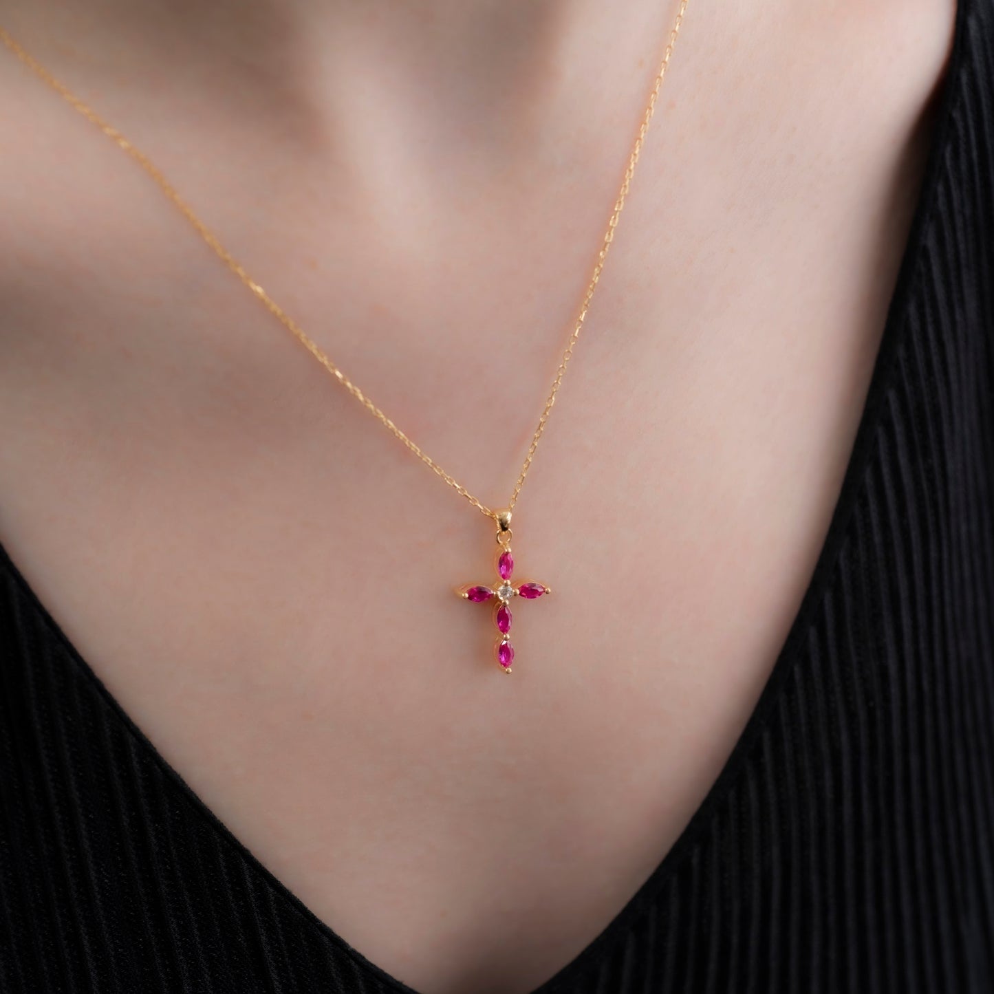 Ruby Single Diamond Marquise Cross Necklace in 14K Solid Gold, July Birthstone Pendant Queen Jewelry Necklace