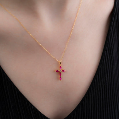 Ruby Single Diamond Marquise Cross Necklace in 14K Solid Gold, July Birthstone Pendant Queen Jewelry Necklace