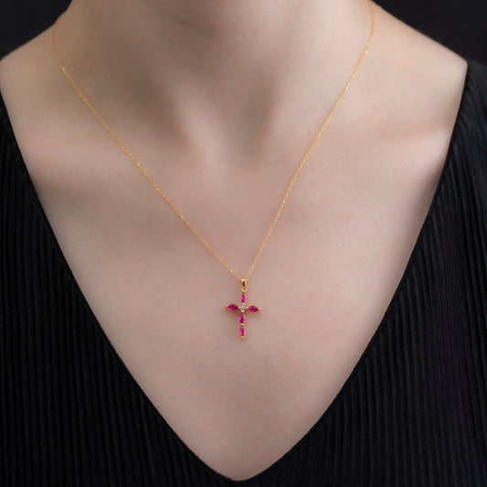 Ruby Single Diamond Marquise Cross Necklace in 14K Solid Gold, July Birthstone Pendant Queen Jewelry Necklace