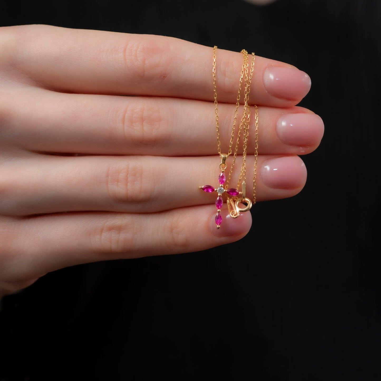 Ruby Single Diamond Marquise Cross Necklace in 14K Solid Gold, July Birthstone Pendant Queen Jewelry Necklace