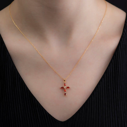 Garnet Single Diamond Marquise Cross Necklace in 14K Solid Gold, January Birthstone Pendant Queen Jewelry Necklace