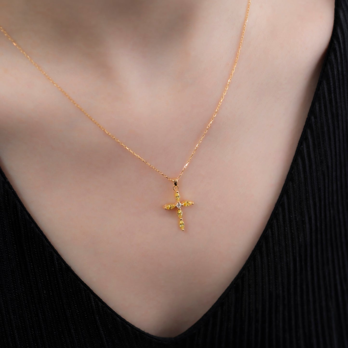 Yellow Topaz Single Diamond Marquise Cross Necklace in 14K Solid Gold, Birthstone Pendant Queen Jewelry Necklace