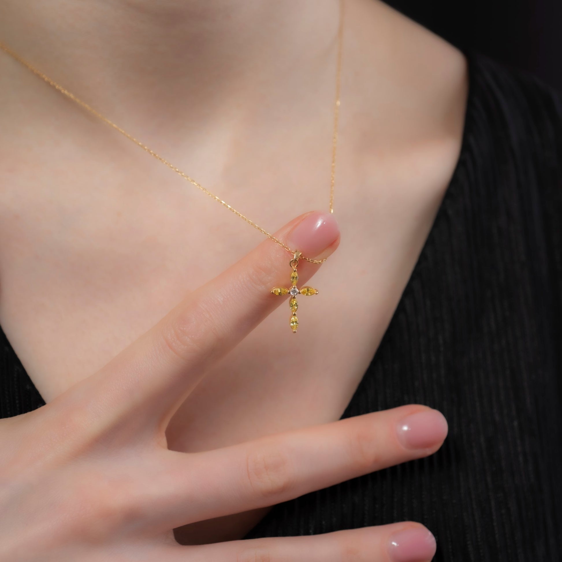 Yellow Topaz Single Diamond Marquise Cross Necklace in 14K Solid Gold, Birthstone Pendant Queen Jewelry Necklace