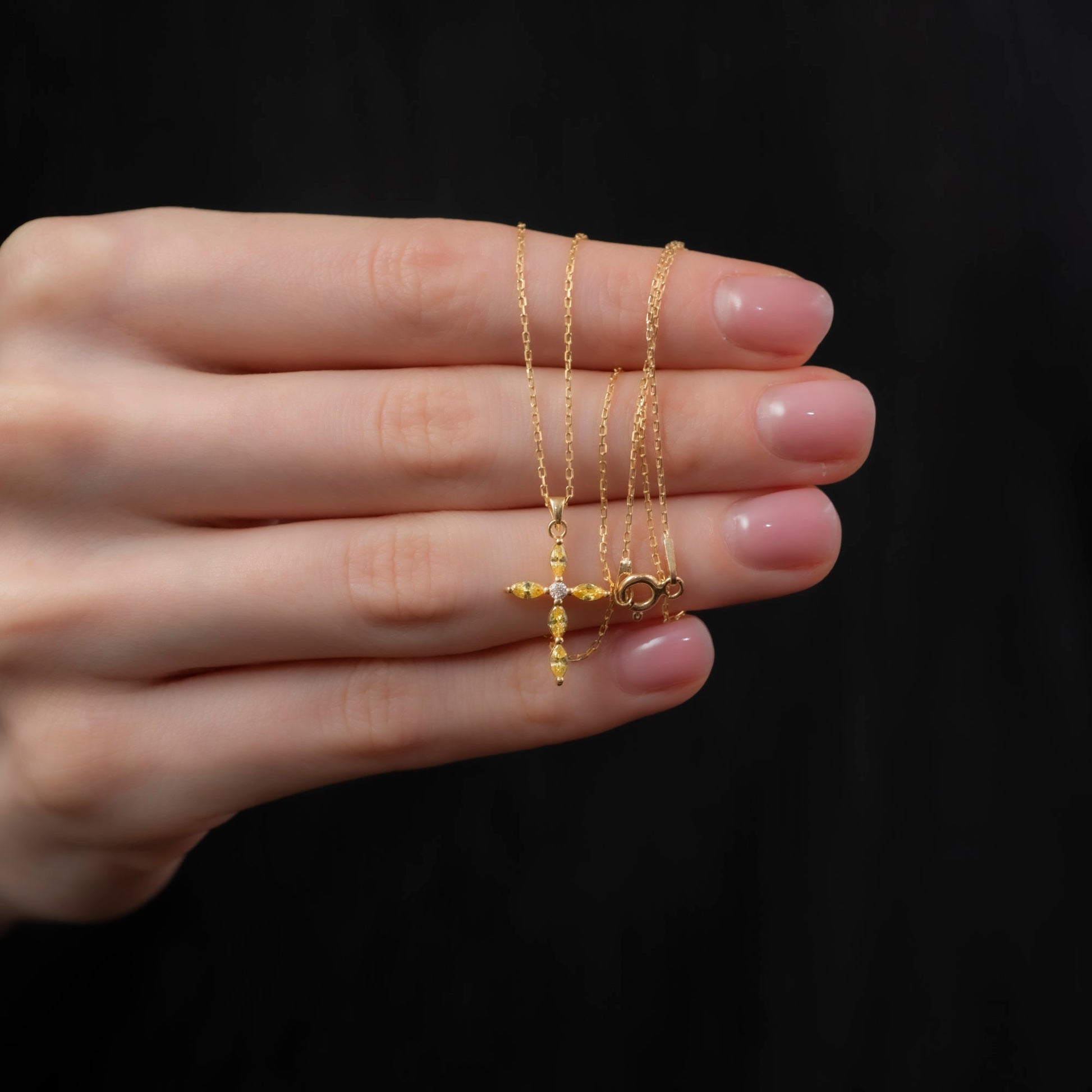 Yellow Topaz Single Diamond Marquise Cross Necklace in 14K Solid Gold, Birthstone Pendant Queen Jewelry Necklace