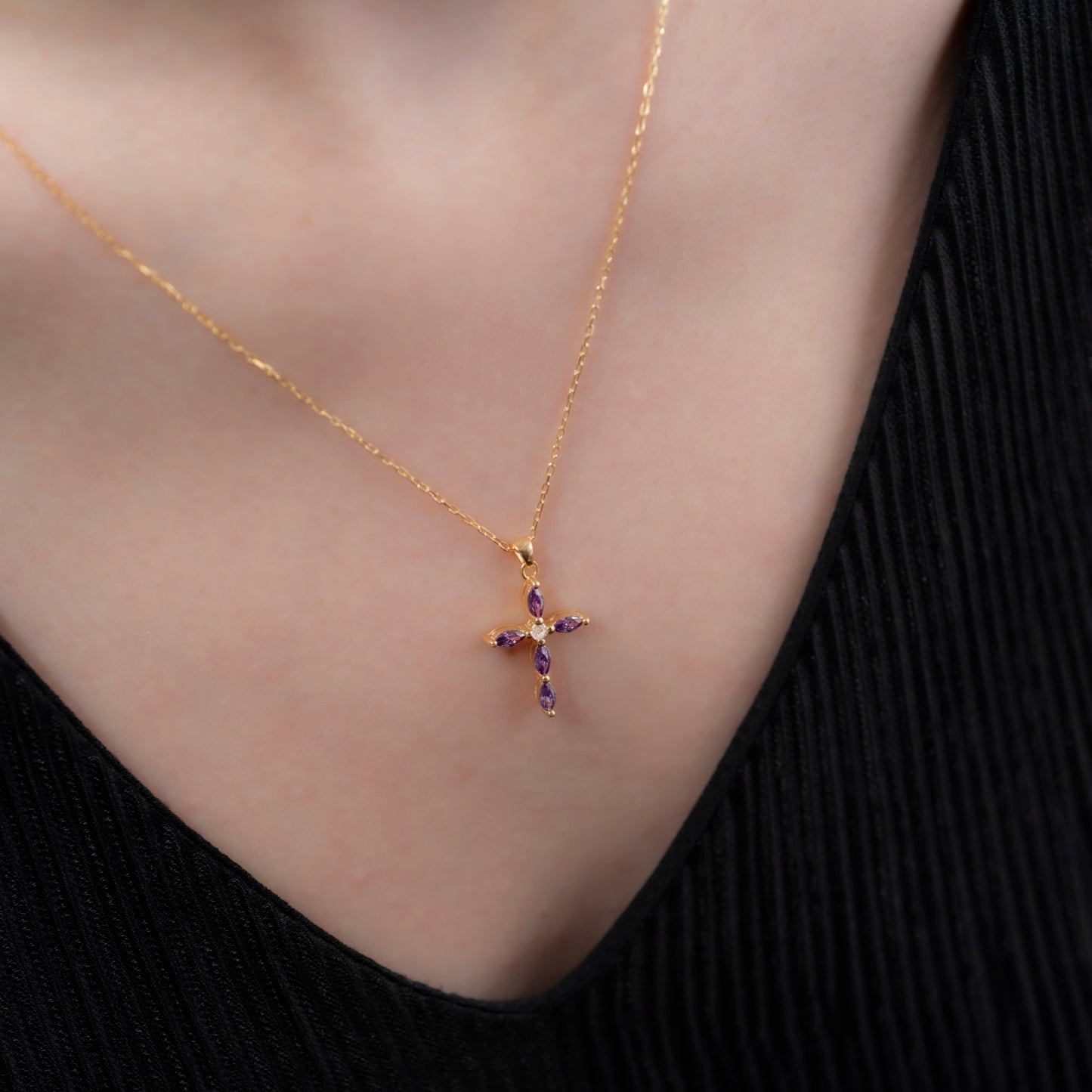 Amethyst Single Diamond Marquise Cross Necklace in 14K Solid Gold, February Birthstone Pendant Queen Jewelry Necklace