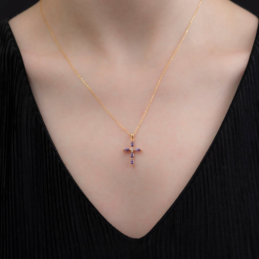 Amethyst Single Diamond Marquise Cross Necklace in 14K Solid Gold, February Birthstone Pendant Queen Jewelry Necklace