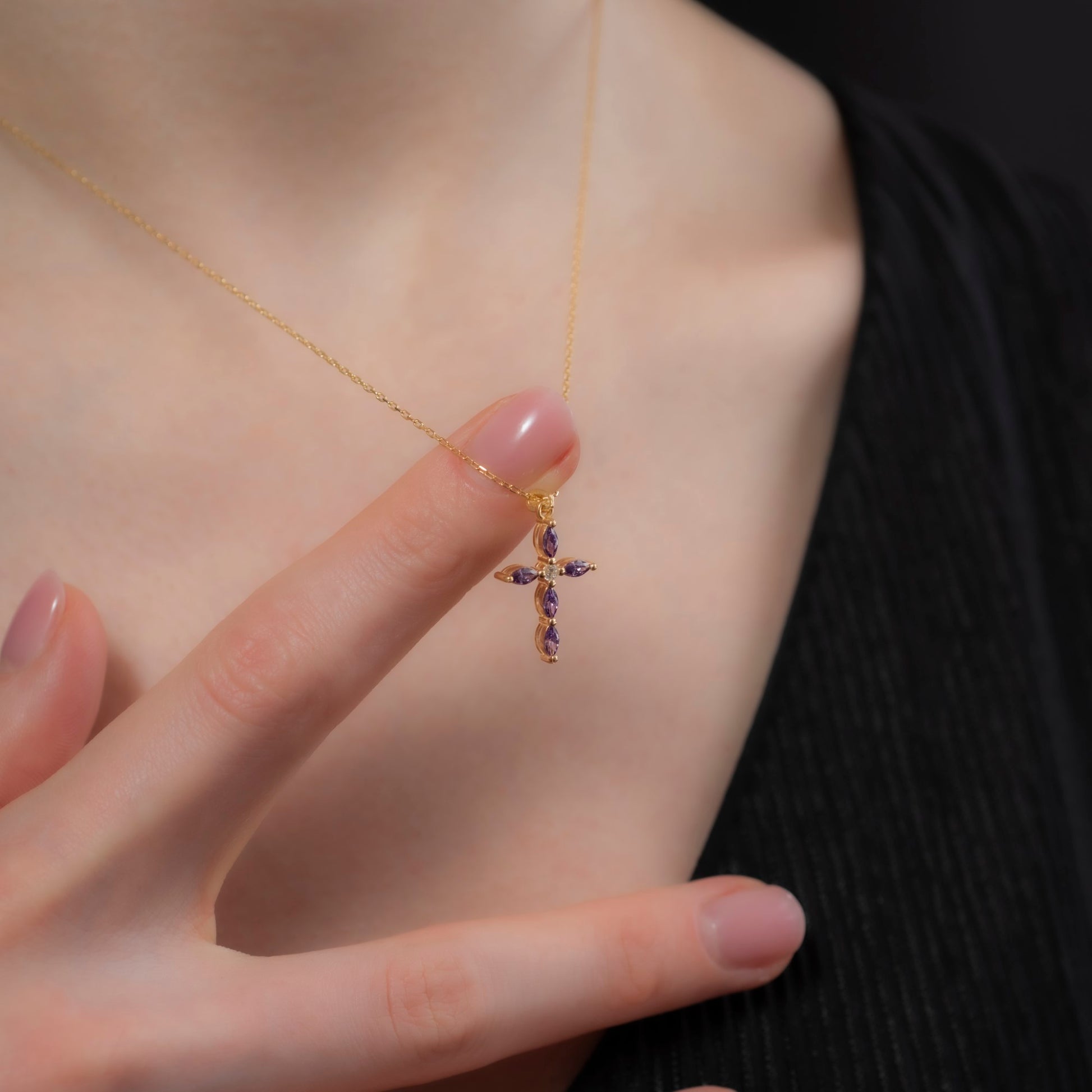 Amethyst Single Diamond Marquise Cross Necklace in 14K Solid Gold, February Birthstone Pendant Queen Jewelry Necklace