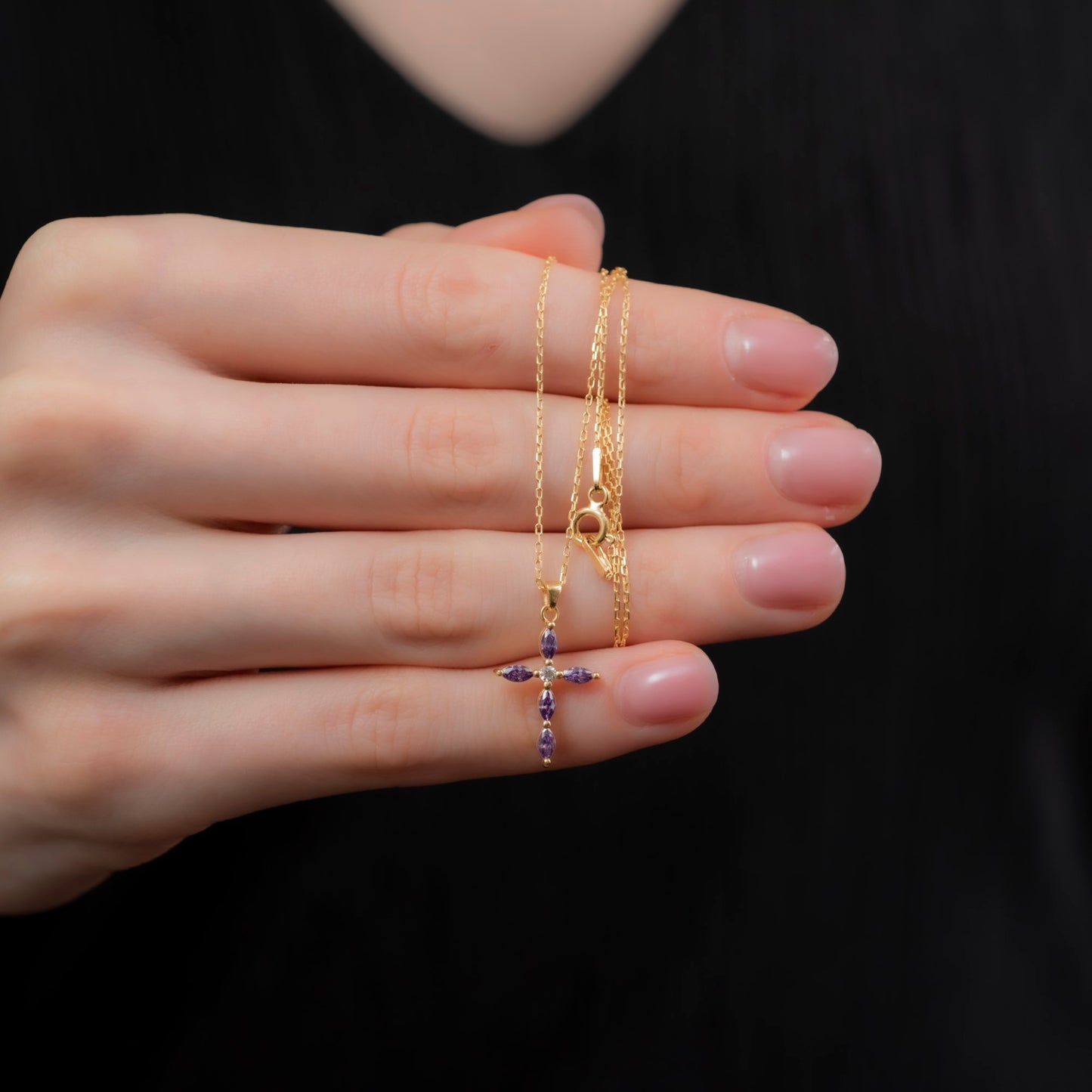 Amethyst Single Diamond Marquise Cross Necklace in 14K Solid Gold, February Birthstone Pendant Queen Jewelry Necklace