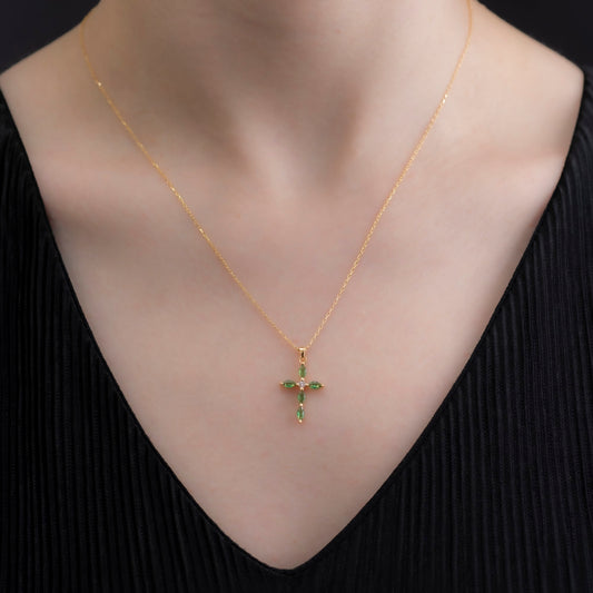 Emerald Single Diamond Marquise Cross Necklace in 14K Solid Gold, May Birthstone Pendant Queen Jewelry Necklace