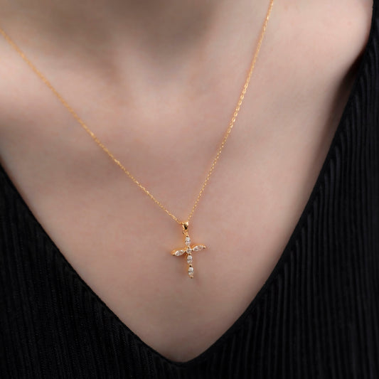 White Topaz Single Diamond Marquise Cross Necklace in 14K Solid Gold, April Birthstone Pendant Queen Jewelry Necklace