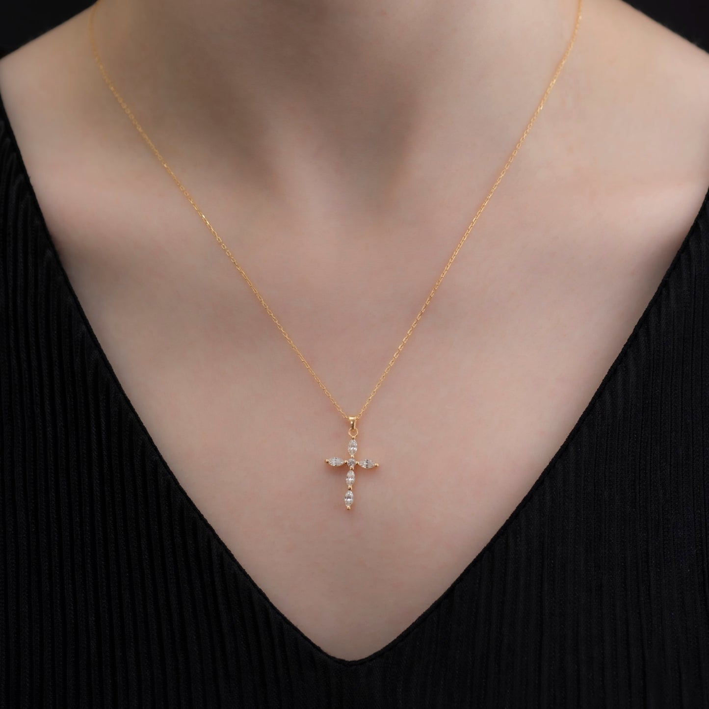 White Topaz Single Diamond Marquise Cross Necklace in 14K Solid Gold, April Birthstone Pendant Queen Jewelry Necklace