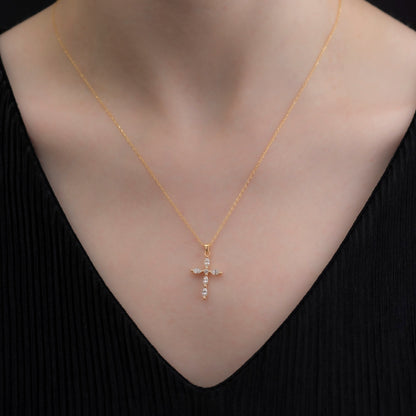 White Topaz Single Diamond Marquise Cross Necklace in 14K Solid Gold, April Birthstone Pendant Queen Jewelry Necklace