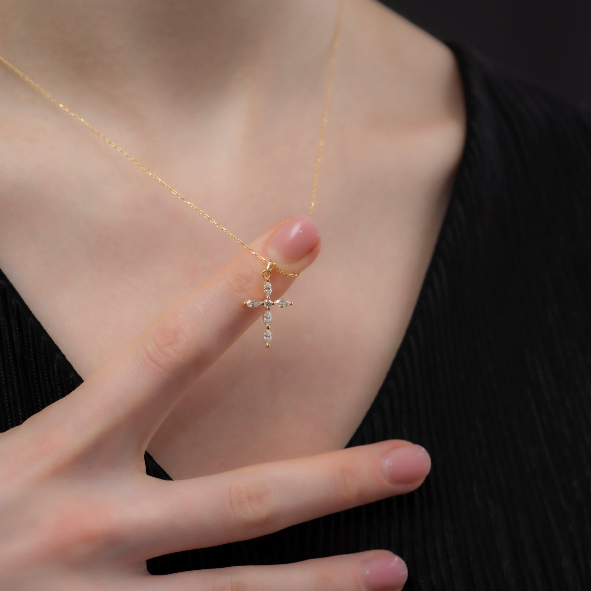 White Topaz Single Diamond Marquise Cross Necklace in 14K Solid Gold, April Birthstone Pendant Queen Jewelry Necklace