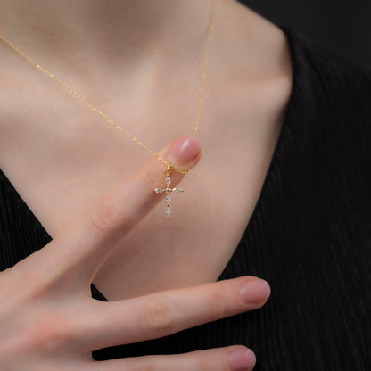 White Topaz Single Diamond Marquise Cross Necklace in 14K Solid Gold, April Birthstone Pendant Queen Jewelry Necklace