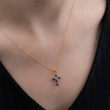 Sapphire Single Diamond Marquise Cross Necklace in 14K Solid Gold, September Birthstone Pendant Queen Jewelry Necklace