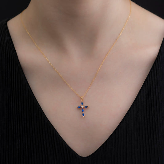 Sapphire Single Diamond Marquise Cross Necklace in 14K Solid Gold, September Birthstone Pendant Queen Jewelry Necklace
