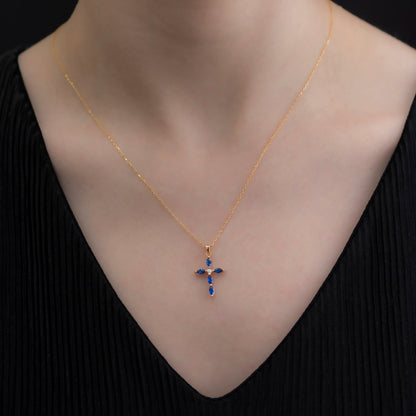 Sapphire Single Diamond Marquise Cross Necklace in 14K Solid Gold, September Birthstone Pendant Queen Jewelry Necklace