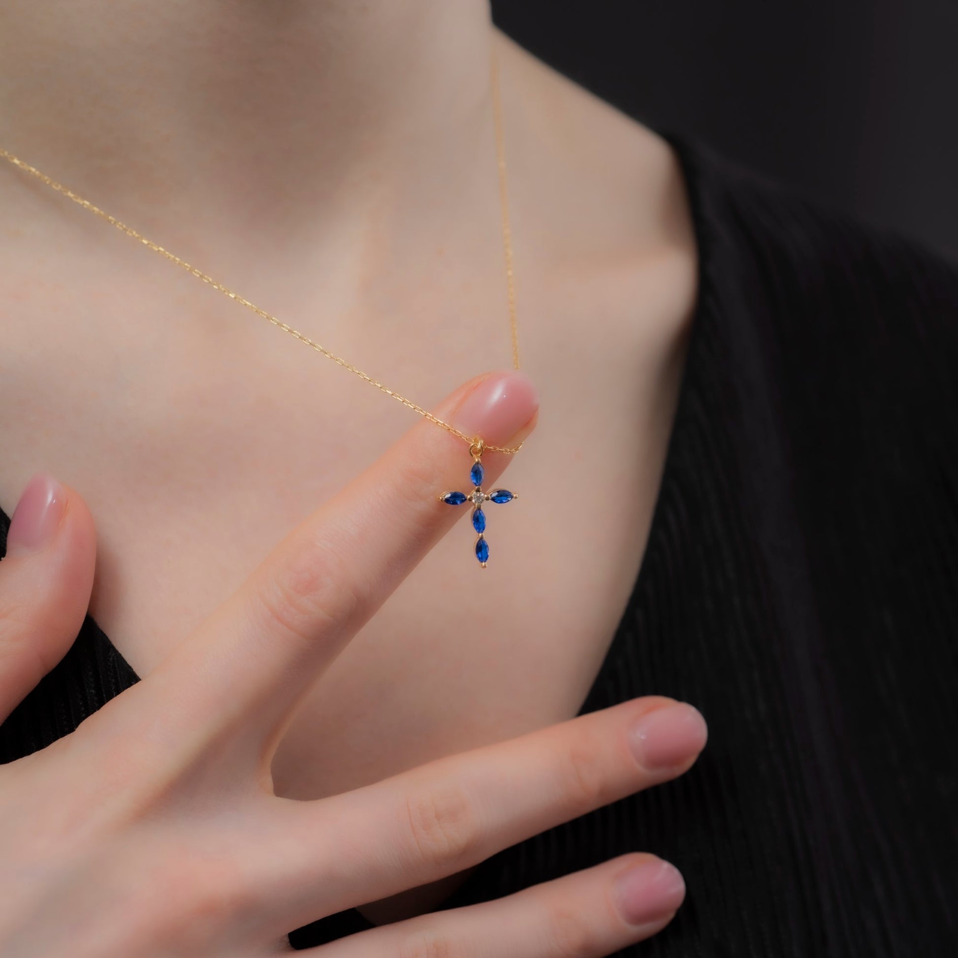 Sapphire Single Diamond Marquise Cross Necklace in 14K Solid Gold, September Birthstone Pendant Queen Jewelry Necklace