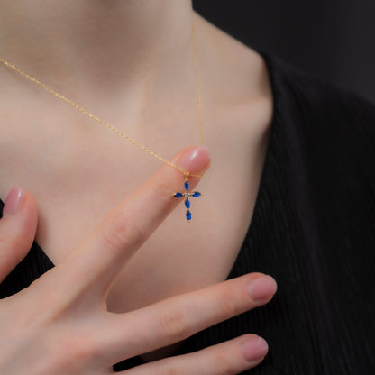Sapphire Single Diamond Marquise Cross Necklace in 14K Solid Gold, September Birthstone Pendant Queen Jewelry Necklace
