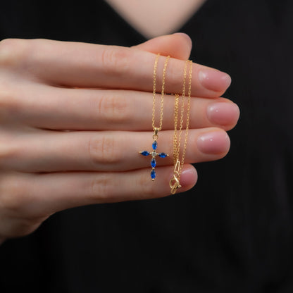 Sapphire Single Diamond Marquise Cross Necklace in 14K Solid Gold, September Birthstone Pendant Queen Jewelry Necklace