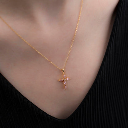 Pink Tourmaline Single Diamond Marquise Cross Necklace in 14K Solid Gold, October Birthstone Pendant Queen Jewelry Necklace
