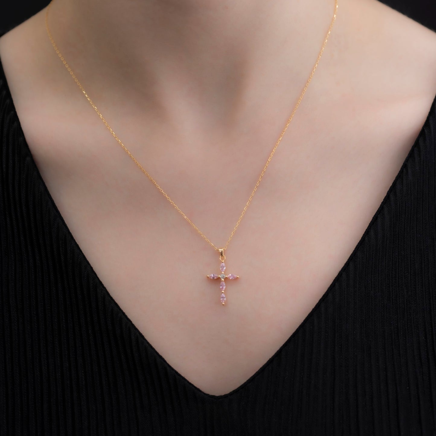Pink Tourmaline Single Diamond Marquise Cross Necklace in 14K Solid Gold, October Birthstone Pendant Queen Jewelry Necklace