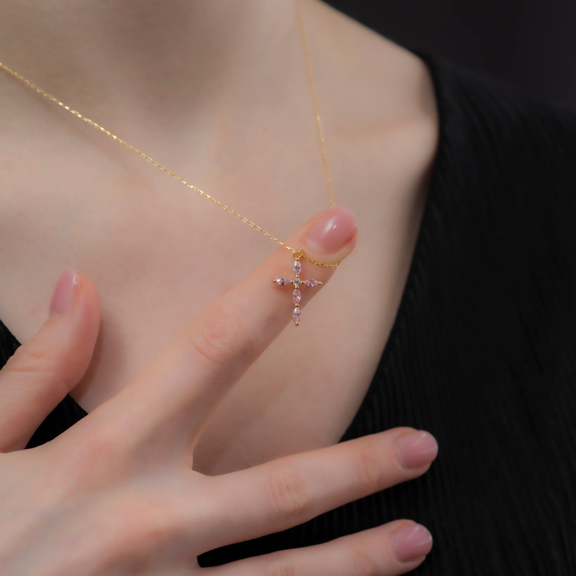 Pink Tourmaline Single Diamond Marquise Cross Necklace in 14K Solid Gold, October Birthstone Pendant Queen Jewelry Necklace