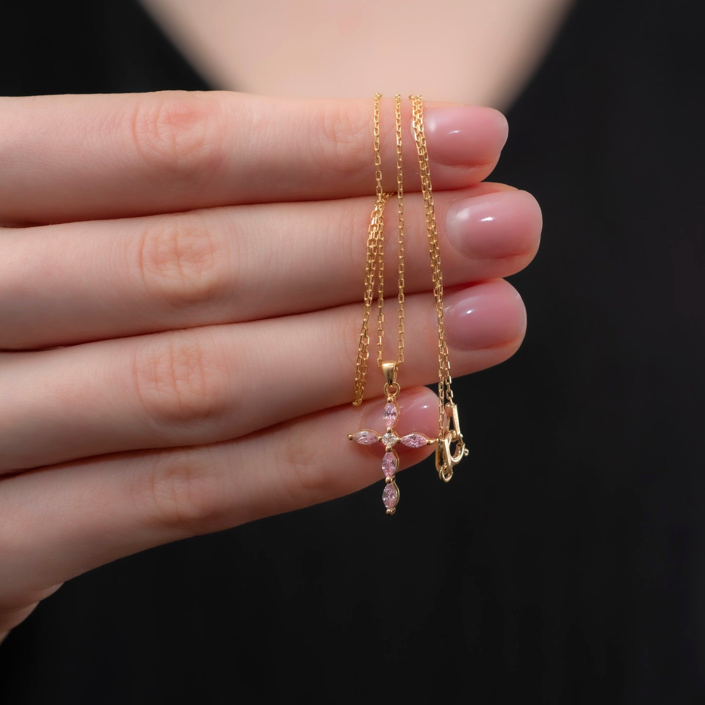 Pink Tourmaline Single Diamond Marquise Cross Necklace in 14K Solid Gold, October Birthstone Pendant Queen Jewelry Necklace