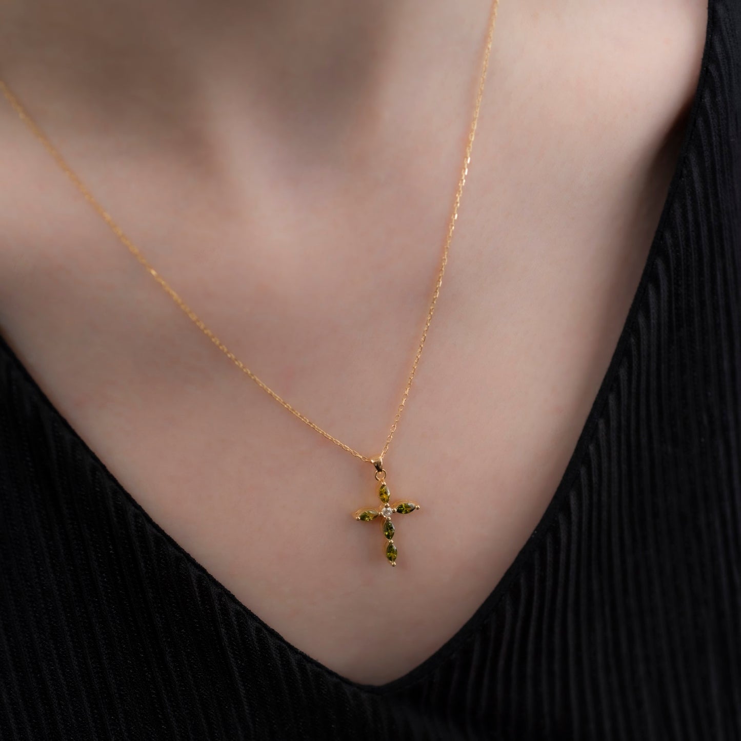 Peridot Single Diamond Marquise Cross Necklace in 14K Solid Gold, August Birthstone Pendant Queen Jewelry Necklace