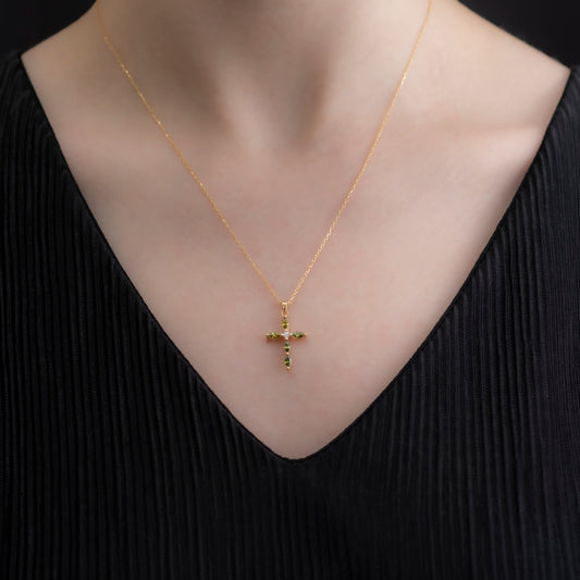 Peridot Single Diamond Marquise Cross Necklace in 14K Solid Gold, August Birthstone Pendant Queen Jewelry Necklace