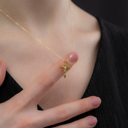 Peridot Single Diamond Marquise Cross Necklace in 14K Solid Gold, August Birthstone Pendant Queen Jewelry Necklace