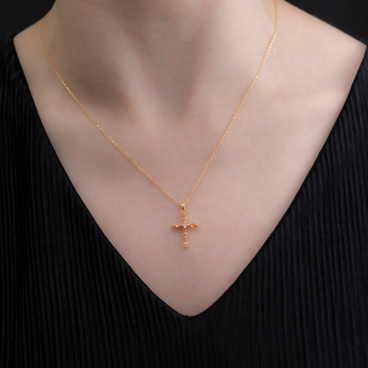 Citrine Single Diamond Marquise Cross Necklace in 14K Solid Gold, November Birthstone Pendant Queen Jewelry Necklace