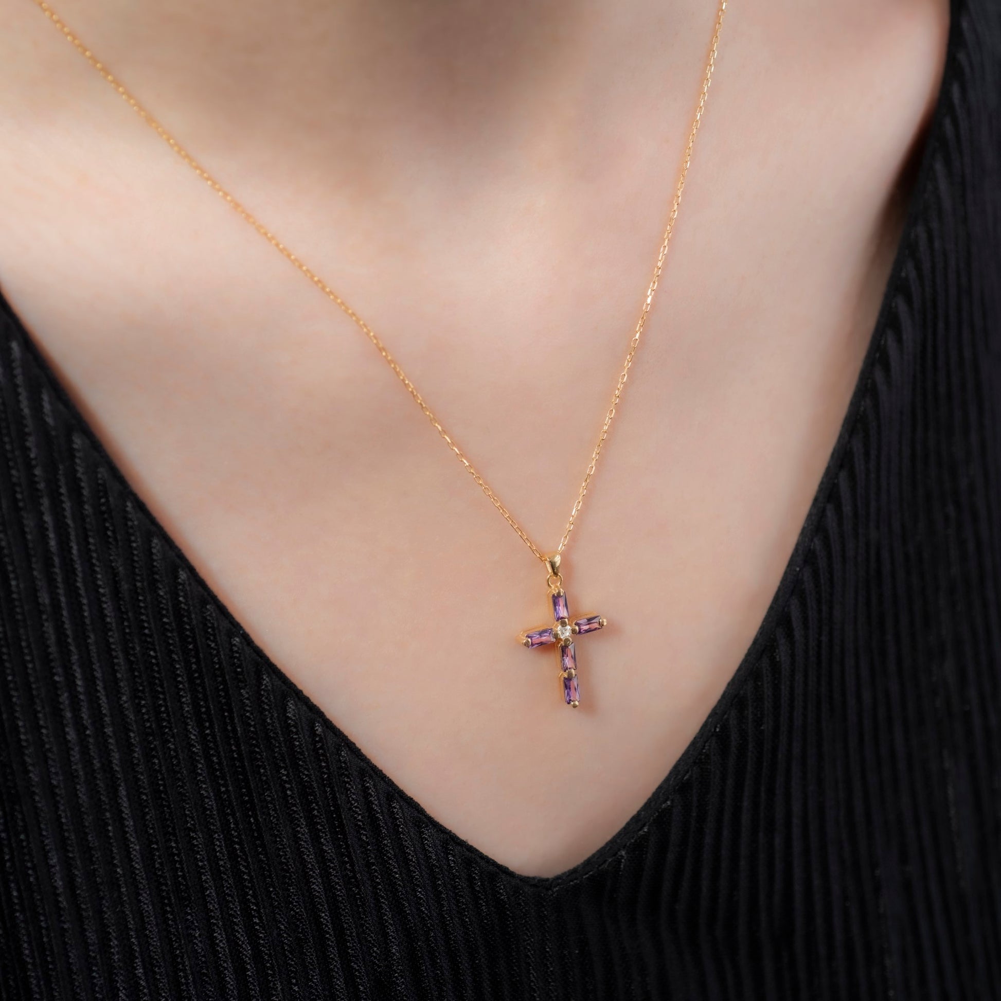 Amethyst Single Diamond Rectangular Cut Cross Necklace in 14K Solid Gold, February Birthstone Pendant Queen Jewelry Necklace
