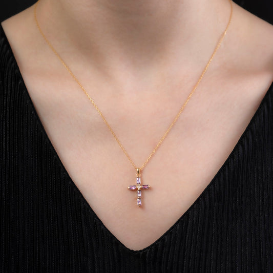 Amethyst Single Diamond Rectangular Cut Cross Necklace in 14K Solid Gold, February Birthstone Pendant Queen Jewelry Necklace