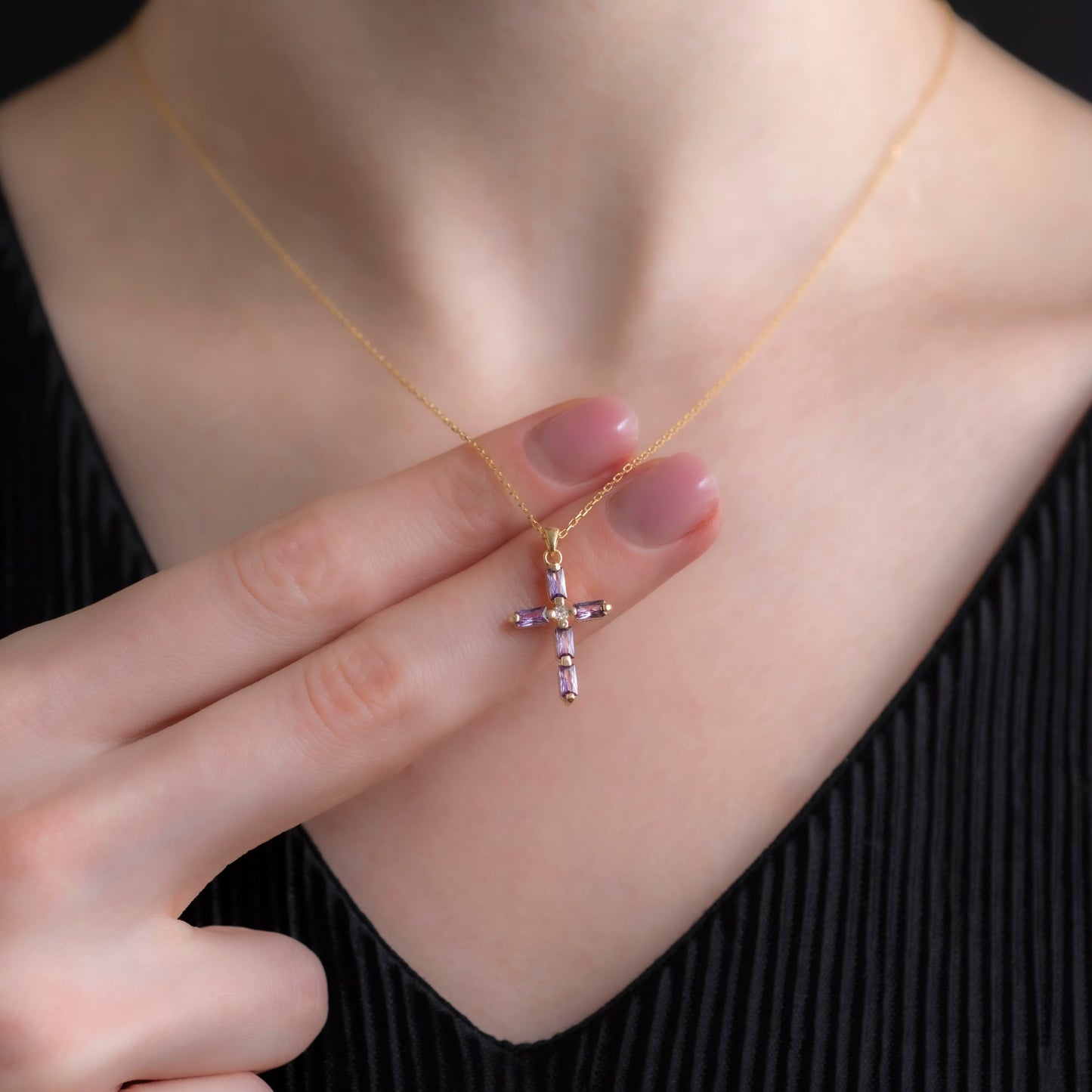 Amethyst Single Diamond Rectangular Cut Cross Necklace in 14K Solid Gold, February Birthstone Pendant Queen Jewelry Necklace