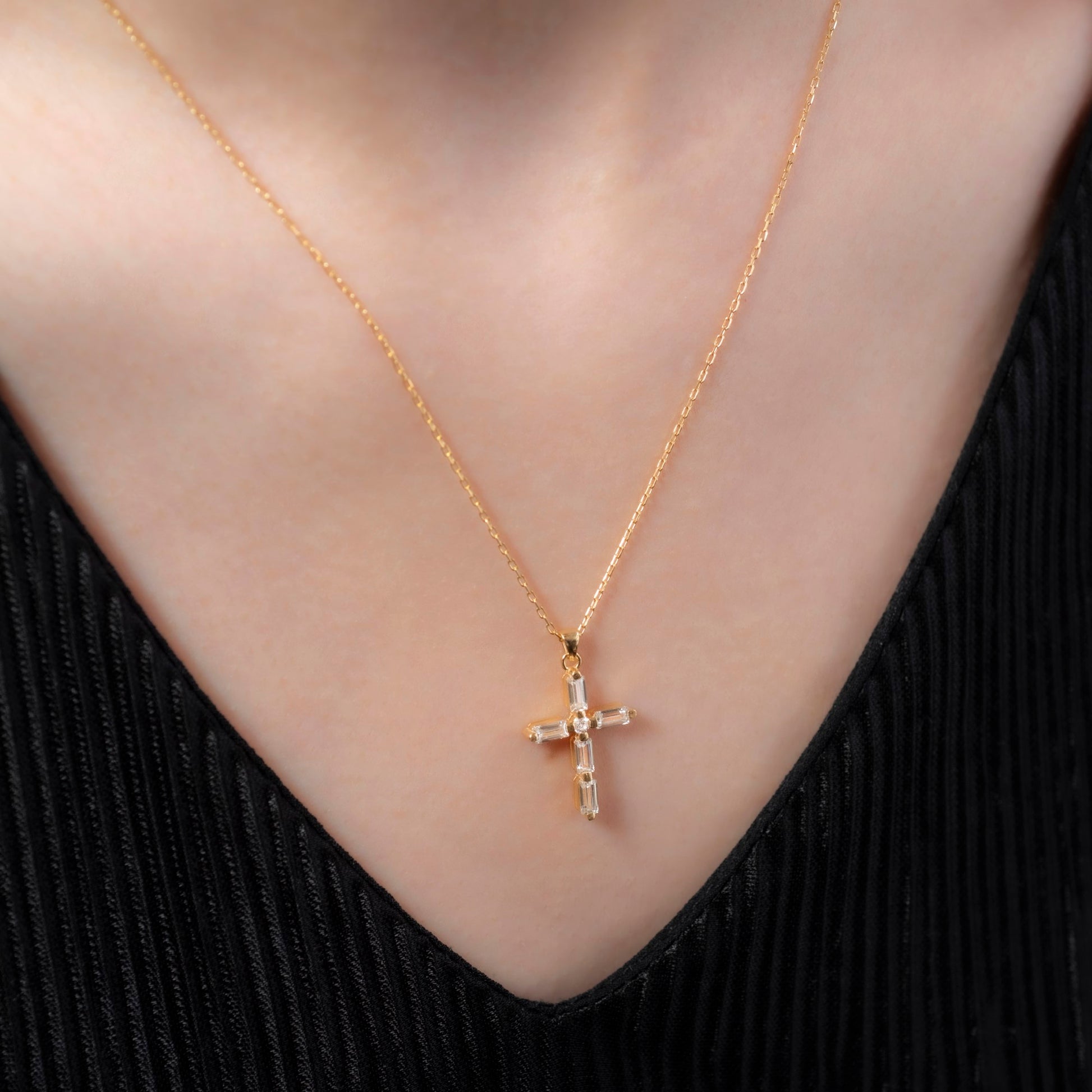 White Topaz Single Diamond Rectangular Cut Cross Necklace in 14K Solid Gold, April  Birthstone Pendant Queen Jewelry Necklace