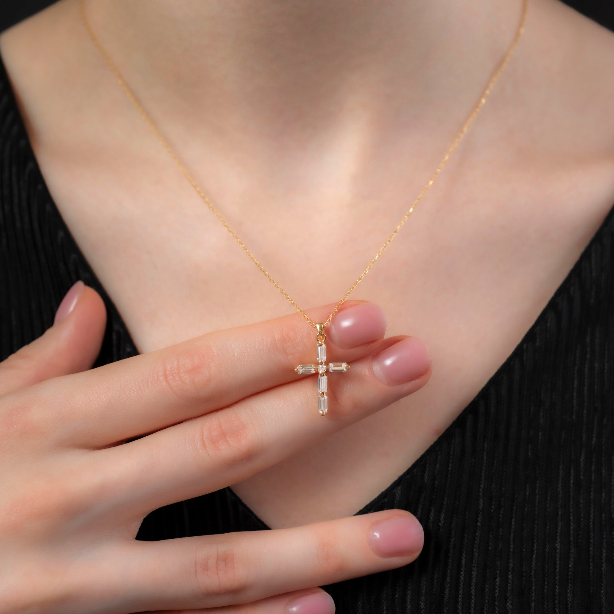 White Topaz Single Diamond Rectangular Cut Cross Necklace in 14K Solid Gold, April  Birthstone Pendant Queen Jewelry Necklace